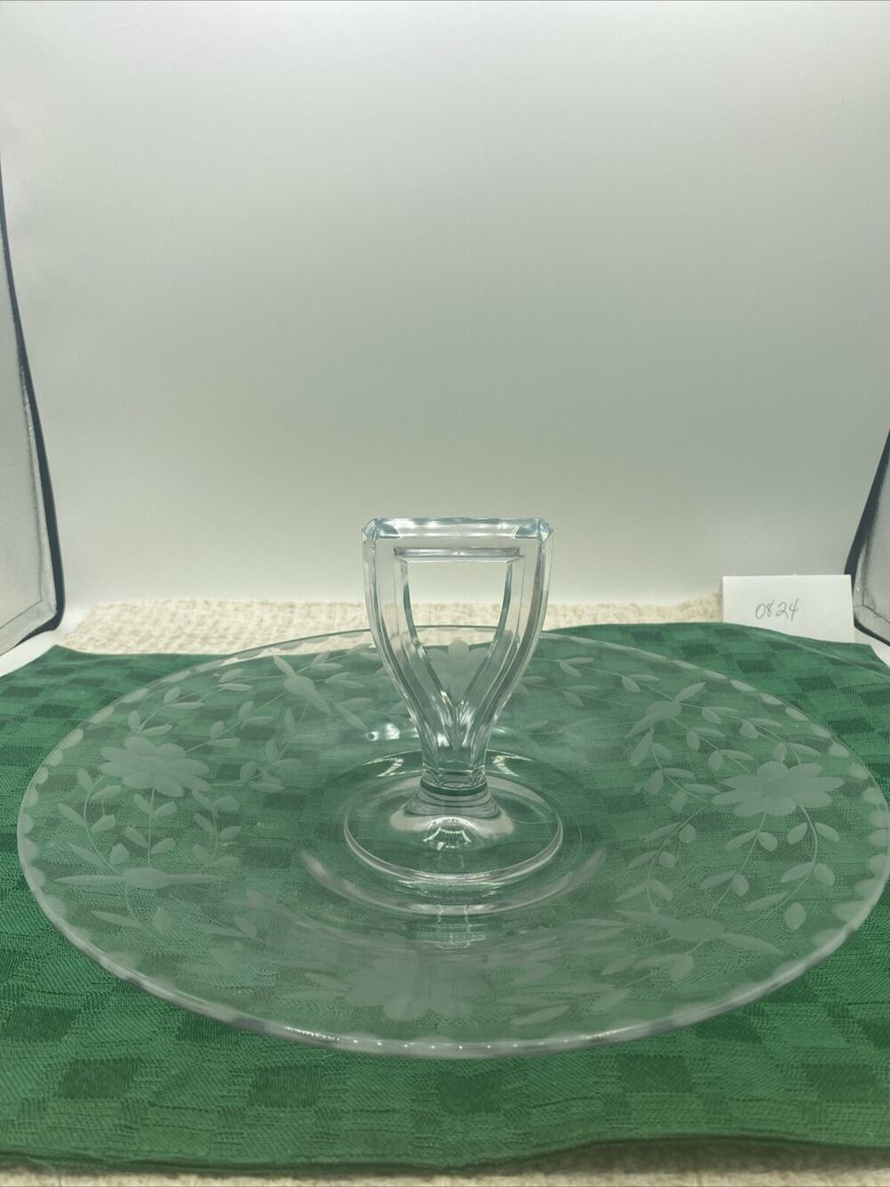 VTG Etched & Cut Glass Depression Era Serving Dish Center Handle 10 1/2”